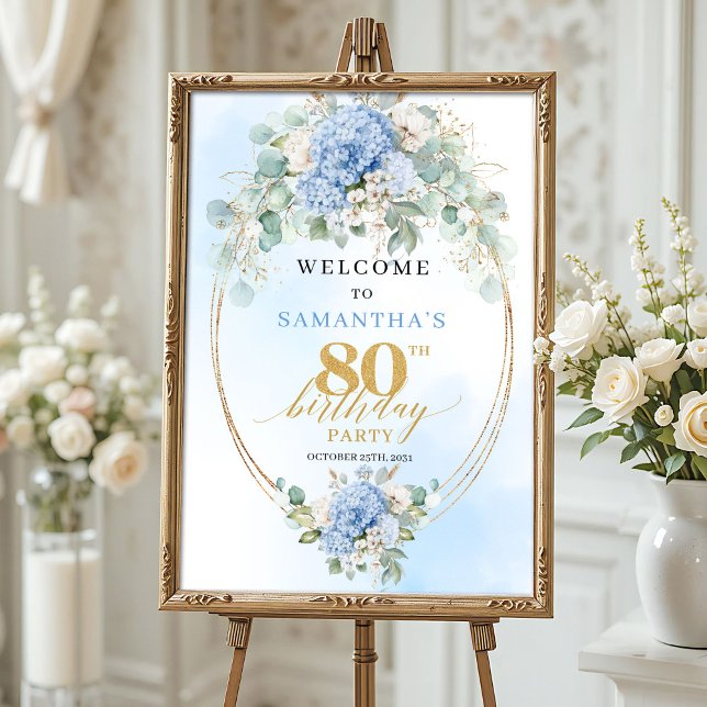 Soft Blue Boho Gold Hydrangeas 80 birthday welcome Poster (Soft Blue Boho Gold Hydrangeas 80th birthday welcome)