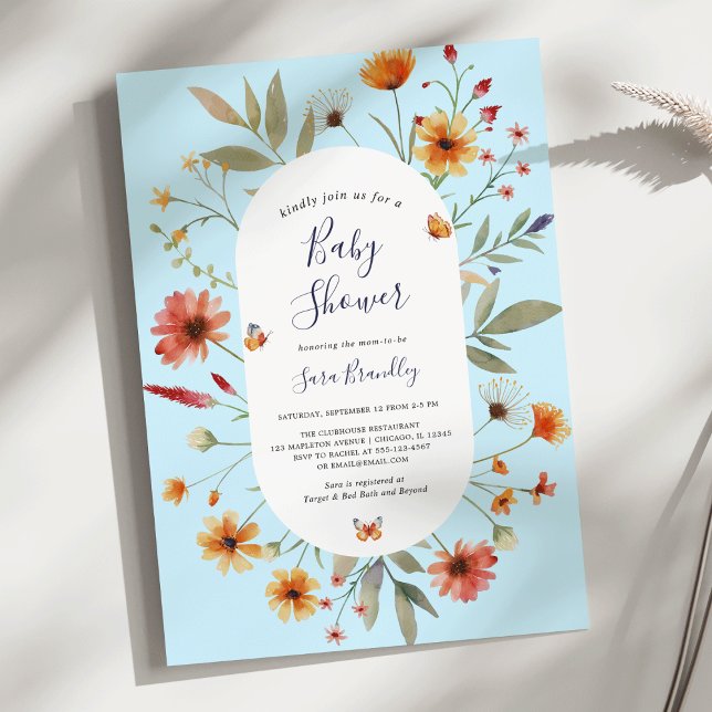 Soft Blue Boho Watercolor Wildblumen Babydusche Einladung (Soft Blue Boho Watercolor Wildflowers Butterfly Baby Shower Invitation)
