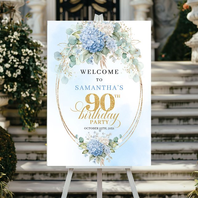 Soft Blue Botanical Gold 90. Geburtstag Willkommen Poster (Soft Blue Botanical Gold 90th birthday welcome)