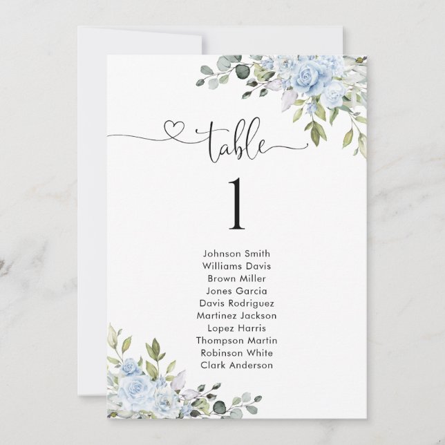 Soft Blue Botanical Table Number Seating Chart (Vorderseite)