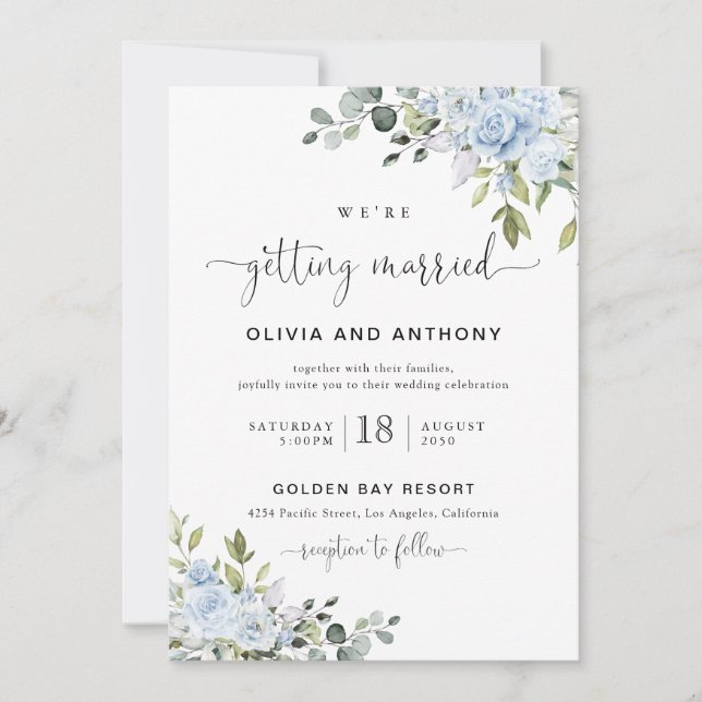 Soft Blue Botanical Wedding Invitation Einladung (Vorderseite)
