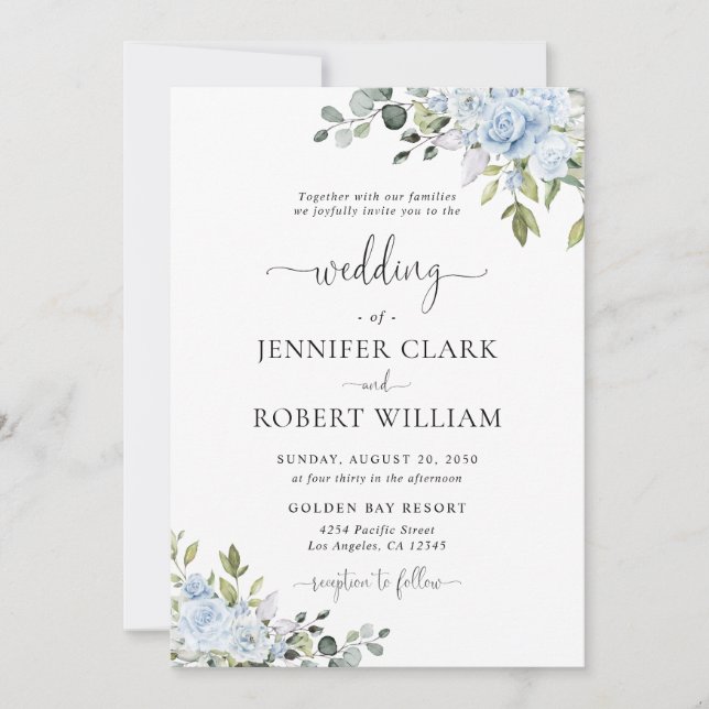 Soft Blue Botanical Wedding Invitation Einladung (Vorderseite)
