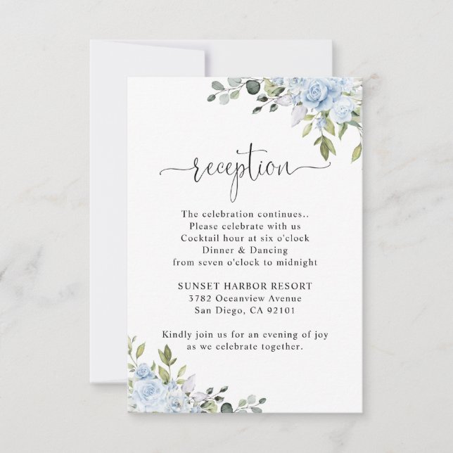 Soft Blue Botanical Wedding Reception RSVP Karte (Vorderseite)