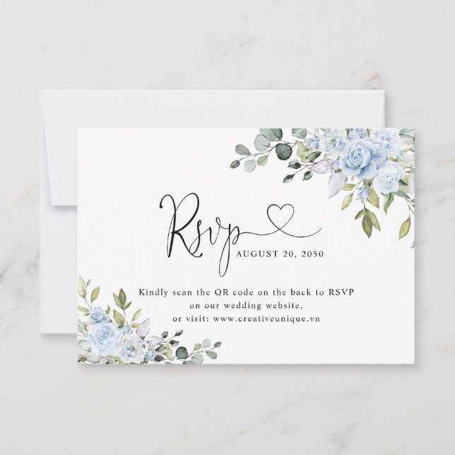 Soft Blue Botanical Wedding Website QR Code RSVP Karte (Vorderseite)