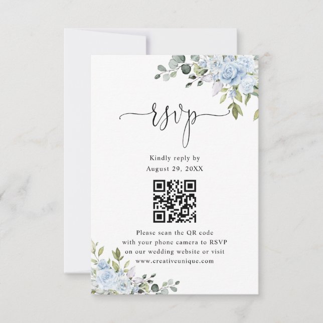 Soft Blue Botanical Wedding Website QR Code RSVP Karte (Vorderseite)