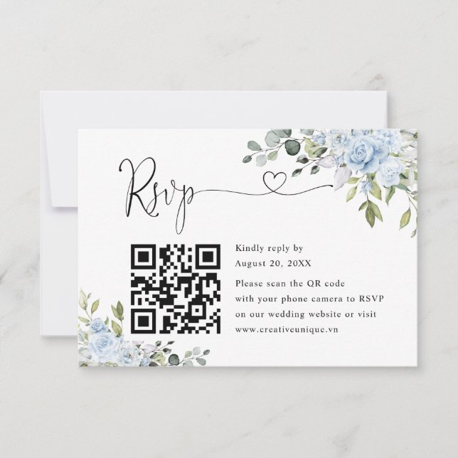 Soft Blue Botanical Wedding Website QR Code RSVP Karte (Vorderseite)