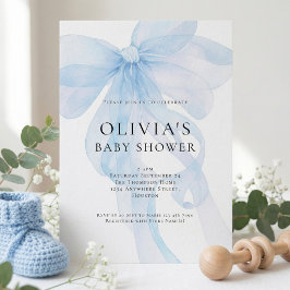 Soft Blue Bow Text Overlay Baby Shower Einladung