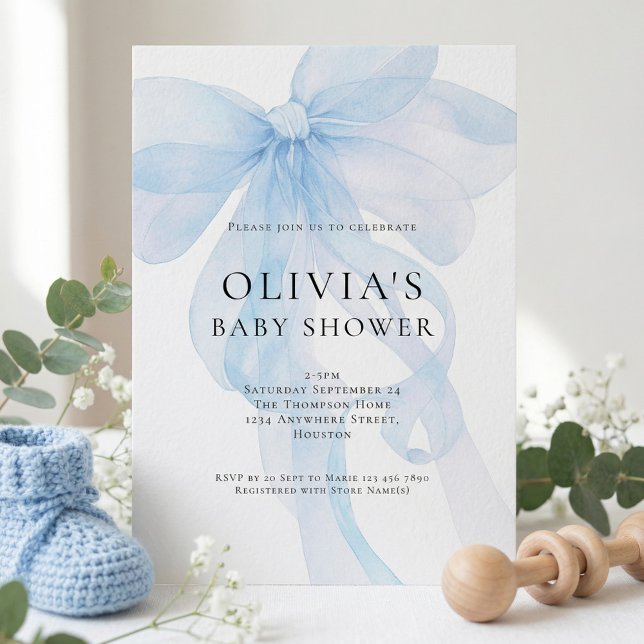 Soft Blue Bow Text Overlay Baby Shower Einladung (Von Creator hochgeladen)