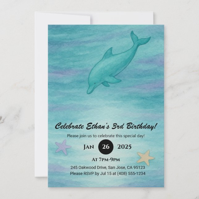 Soft Blue Dolphin & Starfish Ocean Birthday  Einladung (Vorderseite)
