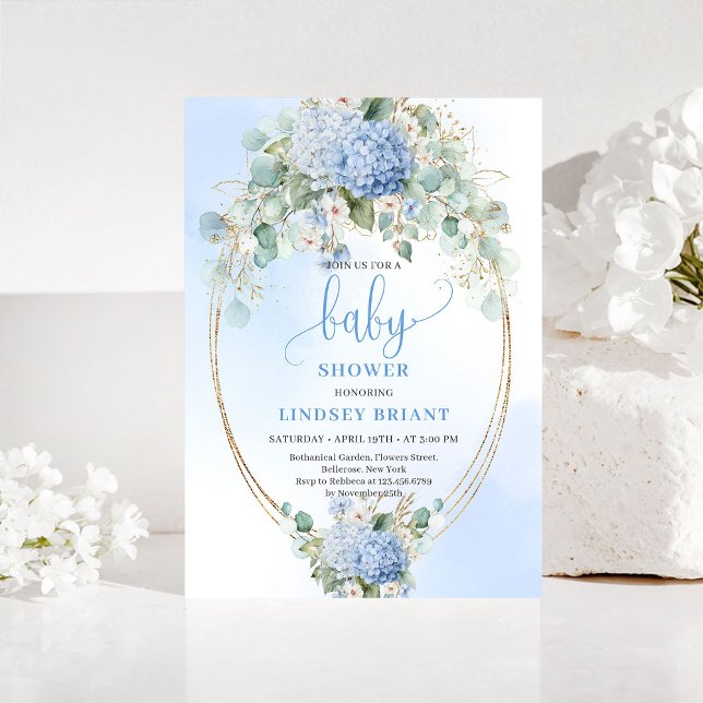 Soft Blue Floral Baby Shower Invitation Gold Einladung (Soft Blue Floral Baby Shower Invitation Gold)