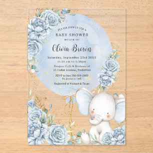 Soft Blue Floral Ballon Elephant Boy Baby Dusche Acryleinladungen