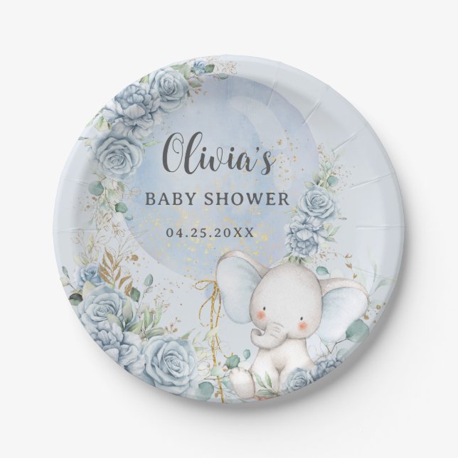 Soft Blue Floral Ballon Elephant Boy Baby Dusche Pappteller (Vorderseite)