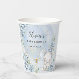 Soft Blue Floral Balloon Elephant Boy Baby Shower Pappbecher