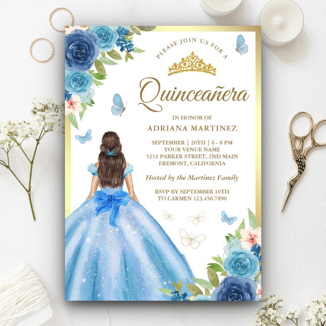 Soft Blue Floral Dress Butterfly Gold Quinceanera Einladung (Von Creator hochgeladen)
