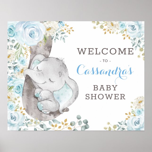 Soft Blue Floral Elephant Baby Dusche Empfang Poster (Vorne)