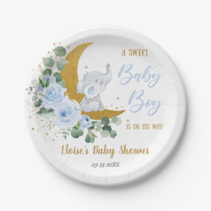 Soft Blue Floral Elephant Sweet Baby Boy Dusche Pappteller