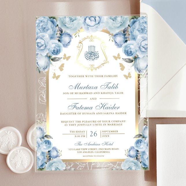 Soft Blue Floral Gold Arch muslimische Hochzeit Acryleinladungen (Von Creator hochgeladen)