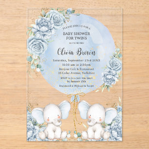 Soft Blue Floral Niedlich Elefanten Twins Baby Dus Acryleinladungen