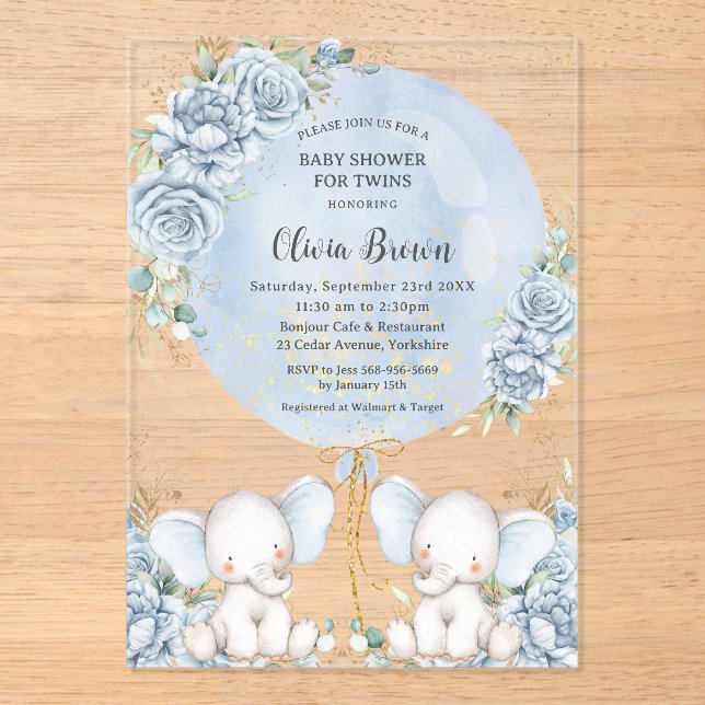 Soft Blue Floral Niedlich Elefanten Twins Baby Dus Acryleinladungen (Vorderseite)