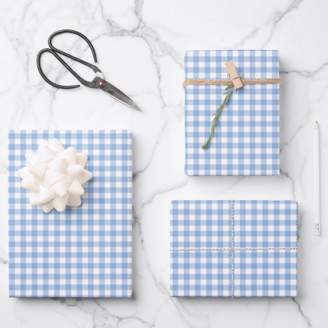 Soft Blue Gingham Karo Pattern Geschenkpapier Set (Vorderseite)