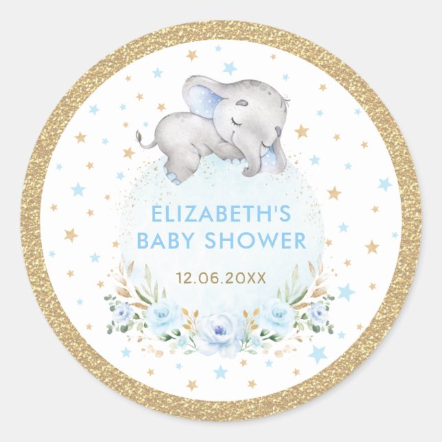 Soft Blue Gold Boy Elephant Baby Shower Favoriten Runder Aufkleber (Vorderseite)