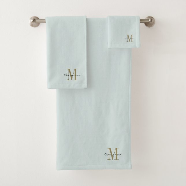 Soft Blue Gold Initial und Name Personalisiert Badhandtuch Set (Insitu)