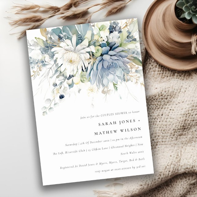 Soft Blue Green Succulent Floral Couples Shower Einladung (Von Creator hochgeladen)