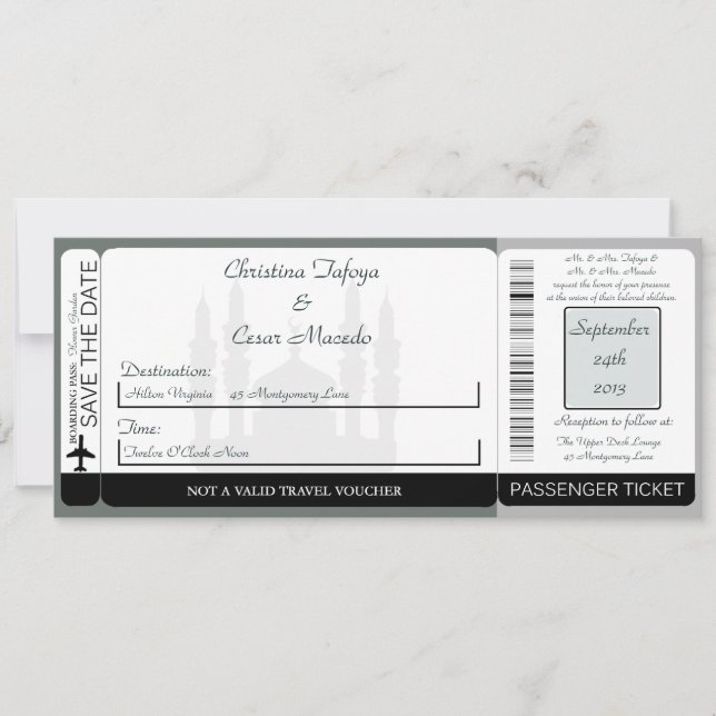 Soft Blue Islami Boarding Pass Hochzeit Einladung (Vorderseite)