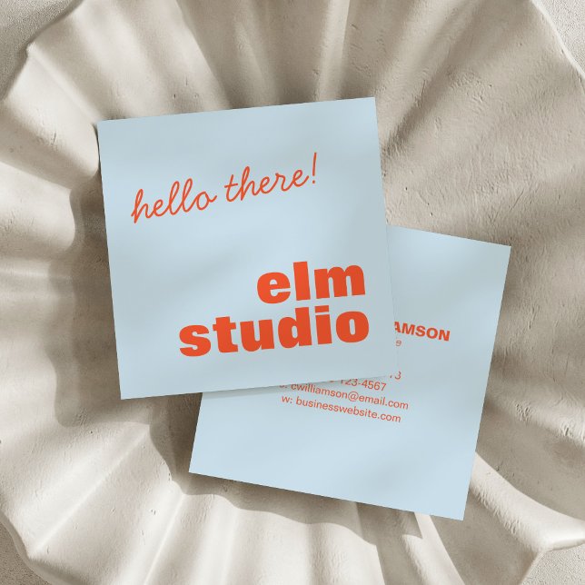 Soft Blue Orange Hello There Friendly Bold Square Quadratische Visitenkarte (Von Creator hochgeladen)