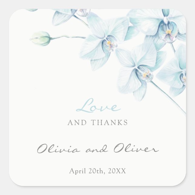 Soft Blue Orchid Wedding Liebe und Danke Quadratischer Aufkleber (Vorderseite)