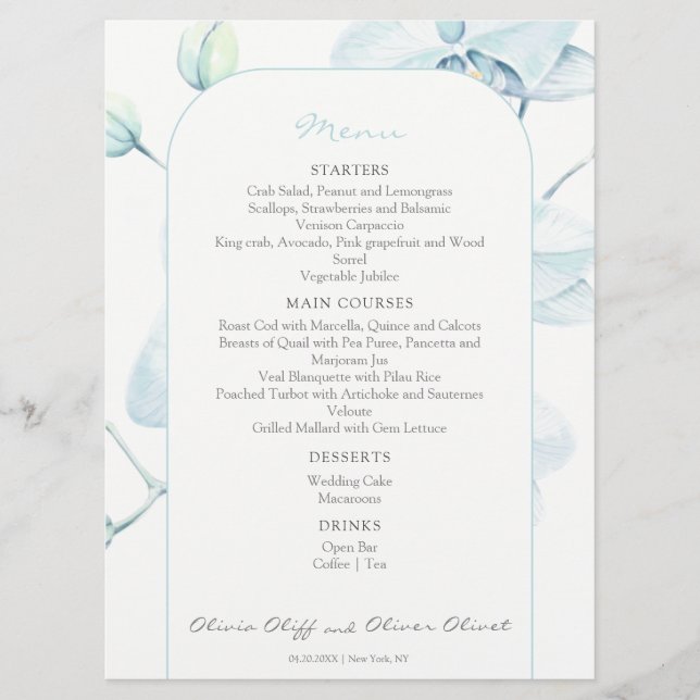 Soft Blue Orchid Wedding Menu Menükarte (Vorderseite)