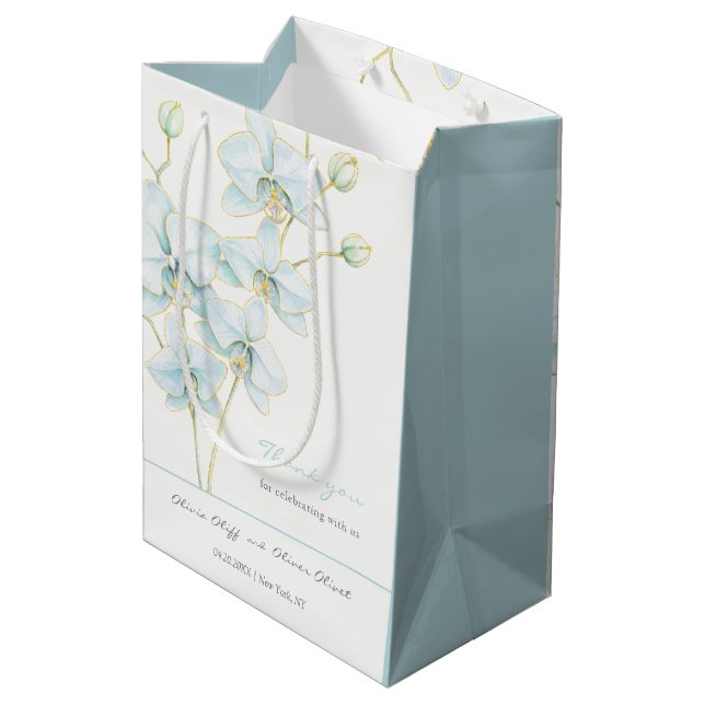 Soft Blue Orchid Wedding Mittlere Geschenktüte (Rückseite Schrägansicht)