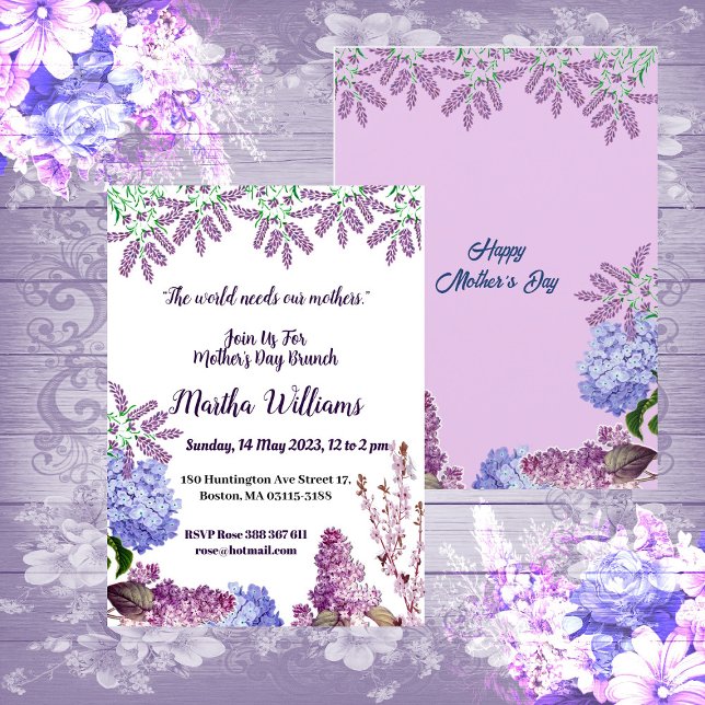 Soft Blue Pastel Bud Lilac Hydrangea Muttertag Einladung (Soft Blue Pastel Bud Lilac Hydrangea Mother's Day Invitation)