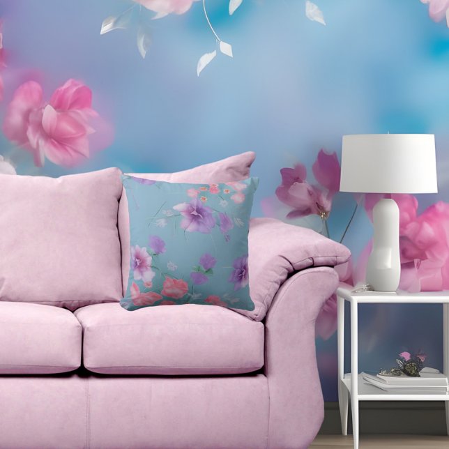 Soft Blue pink Seide Blume grüne Blätter Stoff Kissen (Von Creator hochgeladen)