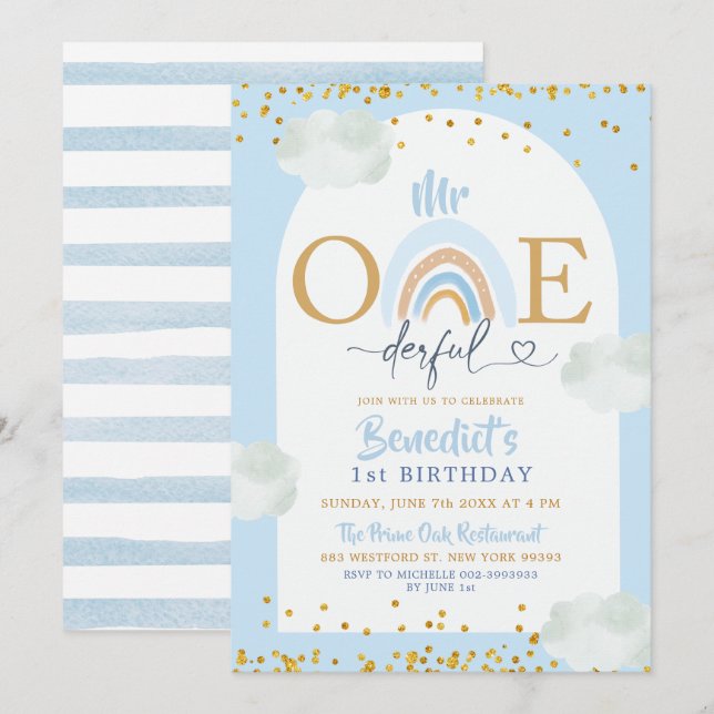 Soft Blue Rainbow Mr. Onederful Boys Geburtstag Einladung (Vorne/Hinten)