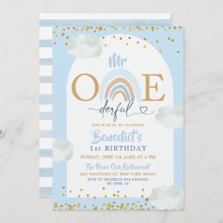 Soft Blue Rainbow Mr. Onederful Boys Geburtstag Einladung