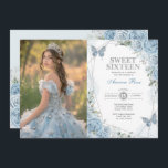 Soft Blue Silver Sweet 16 Butterfly Geburtstags-Fo Einladung<br><div class="desc">Die perfekte Einladung für die süßen 16 Deiner Tochter ist endlich da! Dieses elegante Interieur besticht durch die elegante Aquarellblau-Rose,  die süßen Schmetterlinge und den modernen geometrischen silbernen Rahmen. Klicken Sie auf die Schaltfläche "Weitere Anpassung",  wenn Sie den Stil und die Position des Textes neu ordnen und formatieren möchten.</div>