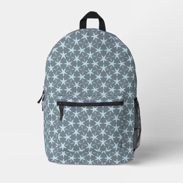 Soft Blue Starburst on Slate Grey Pattern Bedruckter Rucksack (Vorderseite)