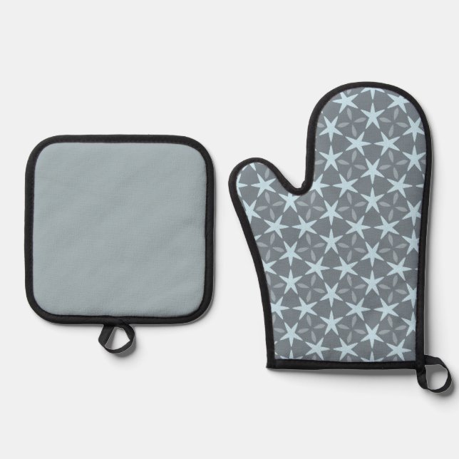Soft Blue Starburst on Slate Grey Pattern Ofenhandschuh & Topflappen-Set (Vorderseite)