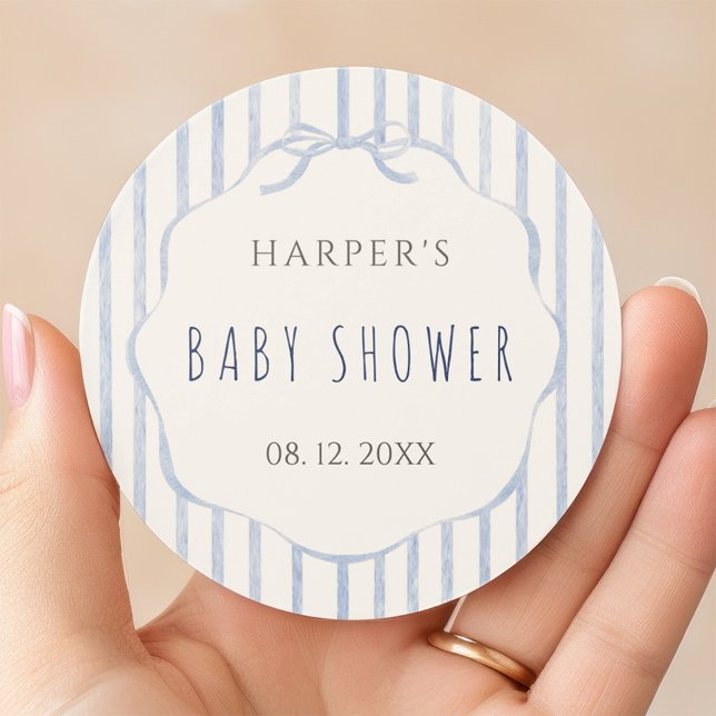 Soft Blue Stripes with Frame Baby Shower  Runder Aufkleber (Von Creator hochgeladen)