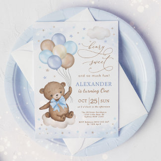 Soft Blue Teddy Bear Balloons Birthday Boy Party Einladung