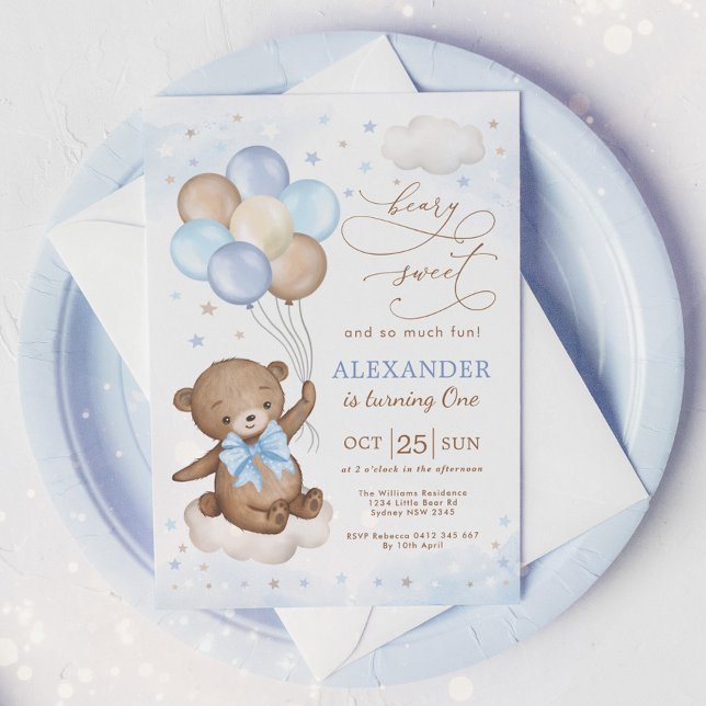 Soft Blue Teddy Bear Balloons Birthday Boy Party Einladung (Von Creator hochgeladen)