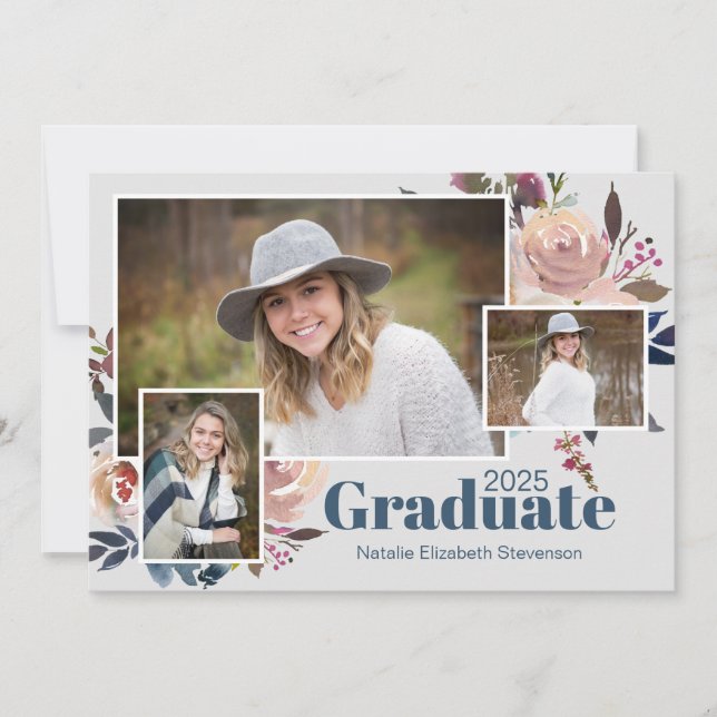 Soft Blue Three Foto Watercolor Graduation Party Einladung (Vorderseite)