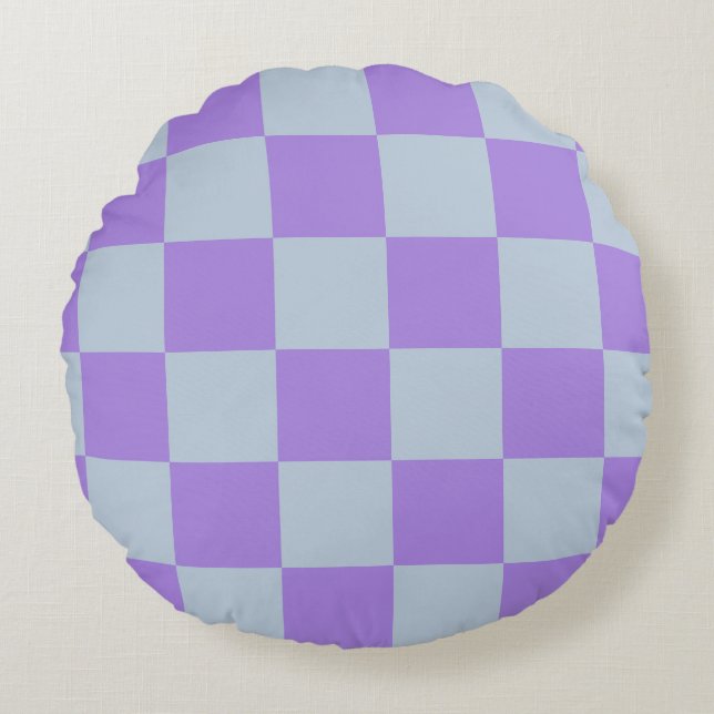 Soft Blue und Lavender Checked Rundes Kissen (Vorderseite)