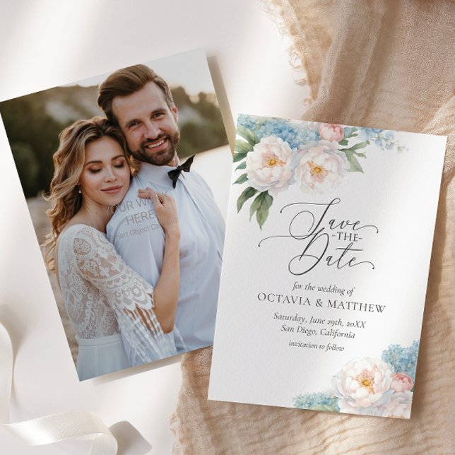 Soft Blue und Pink Blume Script FOTO WEDD Save The Date (Von Creator hochgeladen)
