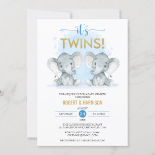 Soft Blue Watercolor Twins Elephant Baby Dusche Einladung