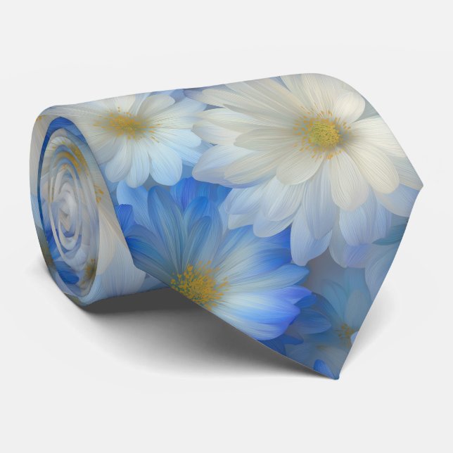 Soft Blue White Daisy Pattern Krawatte (Gerollt)