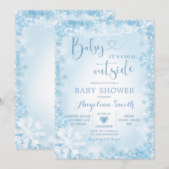 Soft Blue White Winter Baby Shower Invite12 Einladung (Vorne/Hinten)