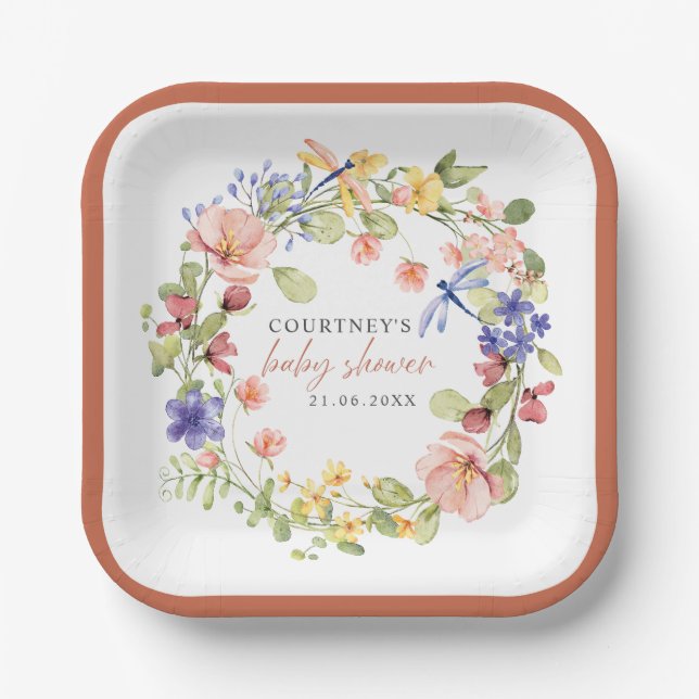 Soft Blume Dragonflies Boho Chic Babydusche Pappteller (Vorderseite)