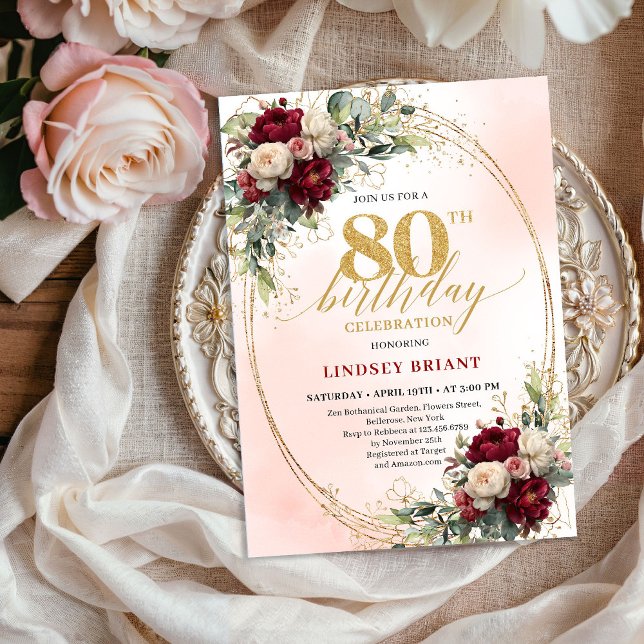 Soft Blush Boho Floral 80th Birthday Party Invitе Einladung (Soft Blush Boho Floral 80th Birthday Party Invitation)